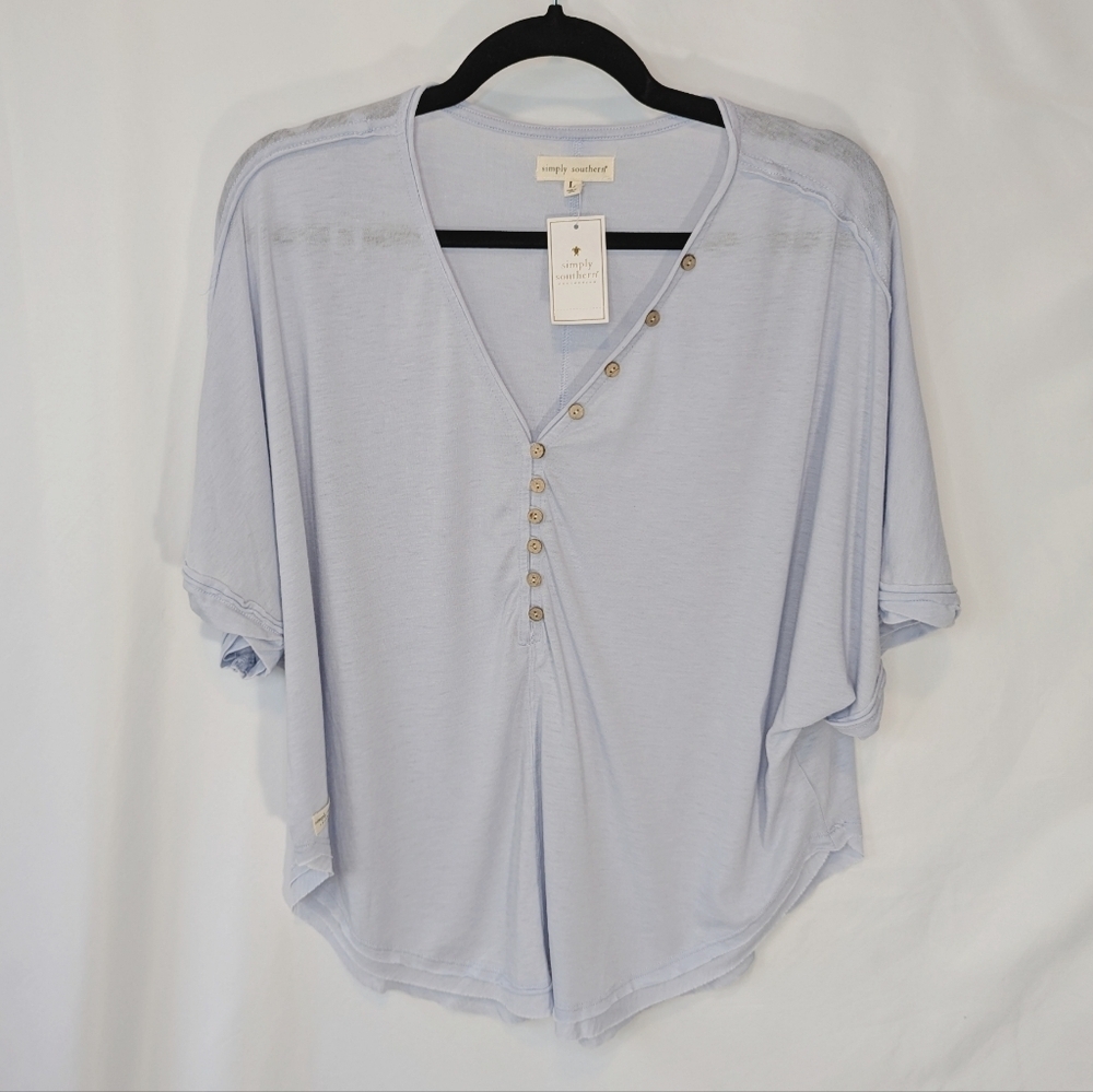 NWT Simply Southern Knit Oversized Henley Tee, Baby Blue, Women's size Large